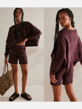 Free People Deep Plum Textured Crewneck Sweater- Lena Set